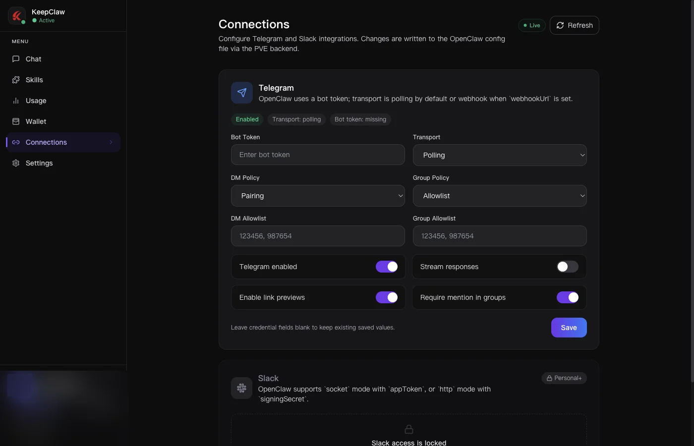 Telegram and Slack connections