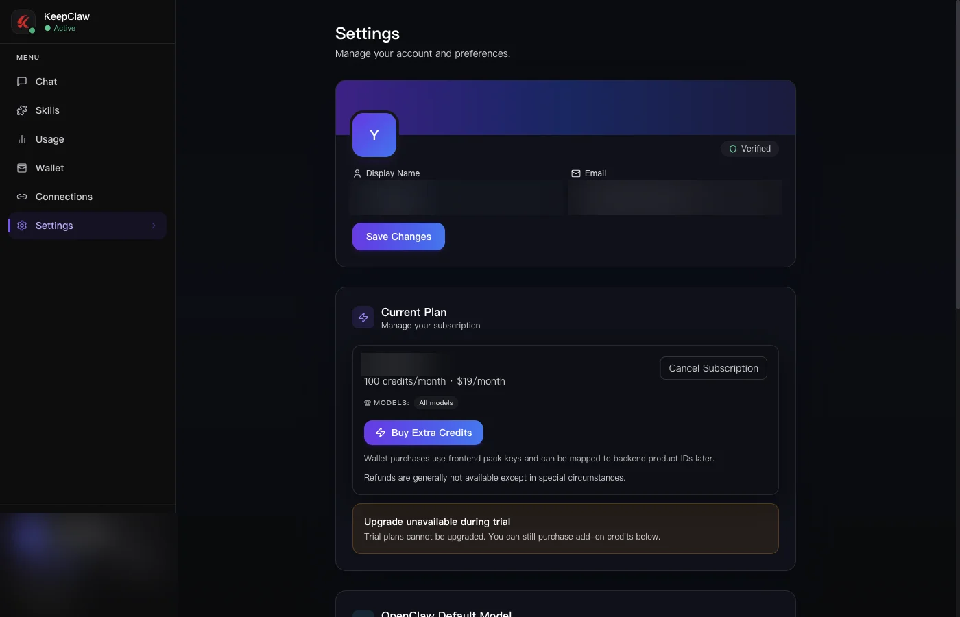 Settings page